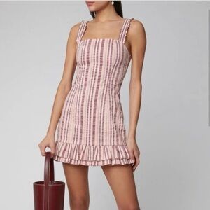 Alexis Linen Blend The Brandy Mini Dress Ruffle Hem in Rose Stripe SZ Large